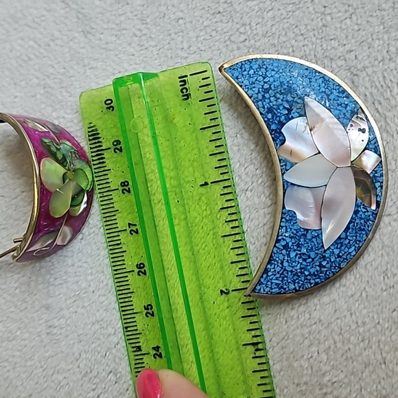 Vintage 1970s Alpaca Mexico, brooch and hair ties clips, abalone shell,turquoise - Picture 8 of 8